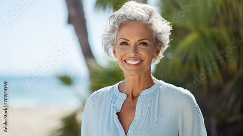 Caucasian middle age woman with grey short hair. Portrait on the beach.