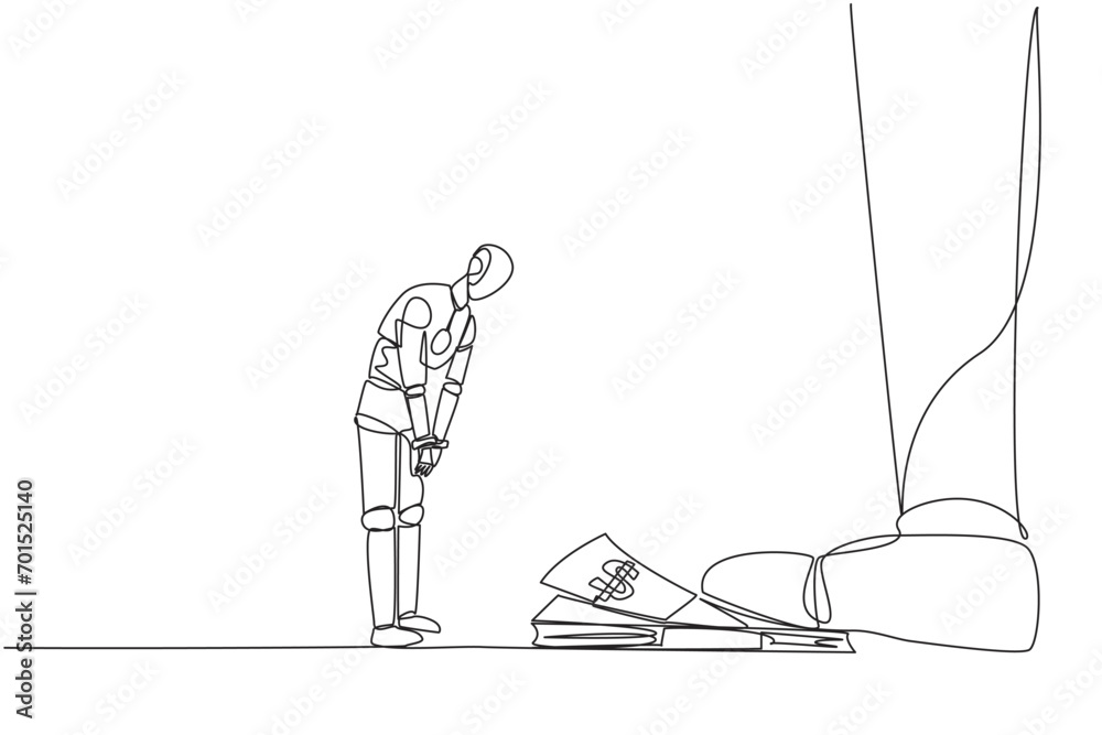 Single one line drawing smart robot nodded in front of giant foot ...