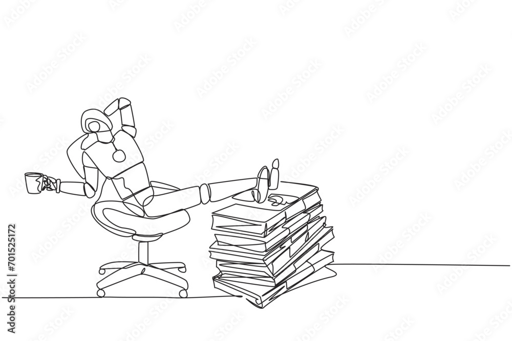 Continuous one line drawing robot sitting on a work chair holding mug ...
