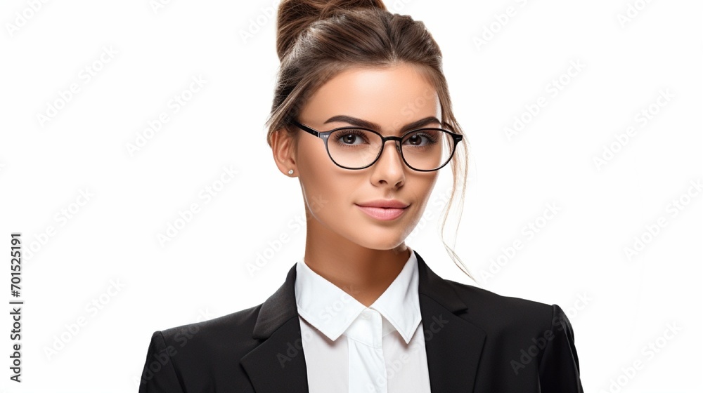 A woman in business dress and glasses with smiling on her face isolated on white background