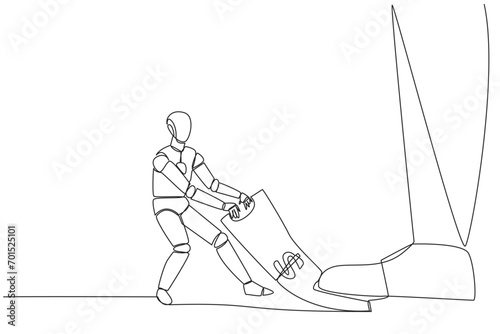 Continuous one line drawing smart robot pulling banknotes that were stepped on by giant foot. Command receiving robot. Take payment from clients. Future AI. Single line draw design vector illustration