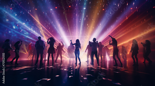 Silhouettes of people dancing at a disco club. Party time at night.  photo