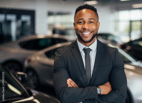 Happy smiling young African American executive manager standing confidently with arms crossed and looking at camera in car dealership. professional business man in a stylish suit.  © Margo_Alexa