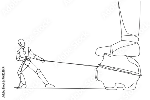 Single continuous line drawing smart robot tries to take piggy bank stepped on by giant foot. With artificial intelligence, pulling with a rope. Technology AI. One line design vector illustration