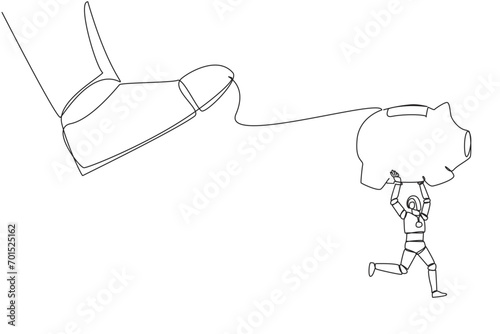Continuous one line drawing smart robot carrying piggy bank runaway from giant foot. Fatal programming error. Giant robot goes on rampage, rest save assets. Single line draw design vector illustration