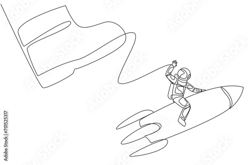 Continuous one line drawing astronaut riding a rocket flies away from the giant foot. A bully who tries to ruin the flight schedule to the moon. Galaxy. Single line draw design vector illustration