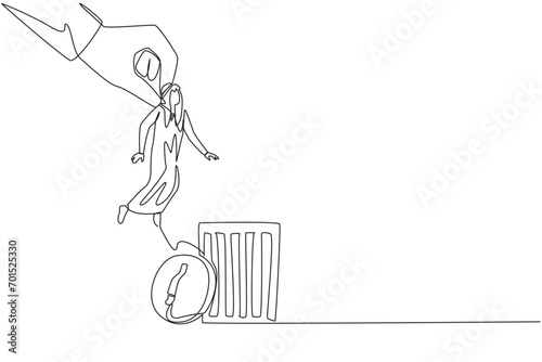 Single continuous line drawing Arabian businessman is lifted by giant hand and will be put into a trash can. Traitor. Makes business plan leaky and unprofitable. One line design vector illustration