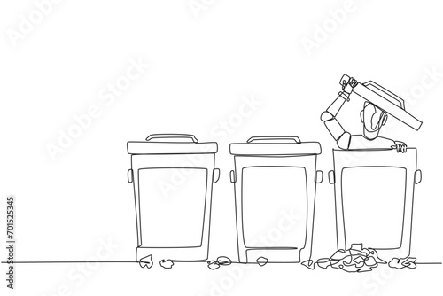 Single one line drawing robot peeking out of the trash can, there were lots of wads of paper. Programmed to have sensitivity. Embarrassed. Future tech. Continuous line design graphic illustration