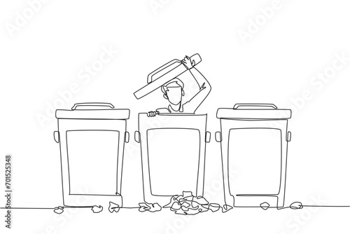 Continuous one line drawing businessman peeking out of trash can, there were lots of wads of paper. Frustration. Disguise so that whereabouts are not known. Single line draw design vector illustration photo