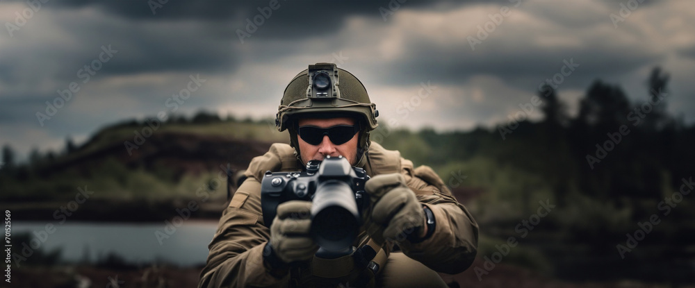 military photographer in military uniform with a camera on the battlefield - obrazy, fototapety, plakaty 
