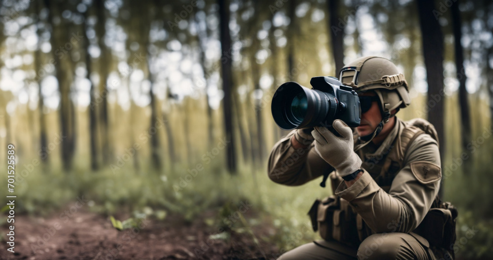 military photographer in military uniform with a camera on the battlefield