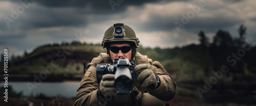 military photographer in military uniform with a camera on the battlefield photo