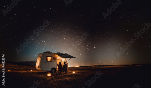 couple in love at night in a motorhome camper in nature on a trip