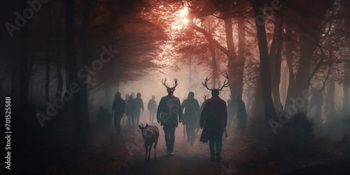 zombie apocalypse concept zombie virus near deer in the forest, CWD — сhronic wasting disease