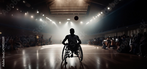 teenage boy in a wheelchair plays basketball on the court © velimir