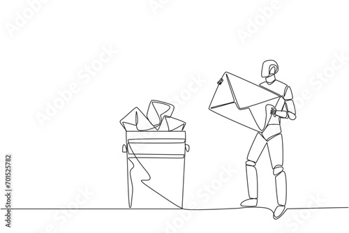 Single one line drawing robot throw large envelope in the trash. Eliminates the many bugs that plague artificial intelligence. Future technology concept. Continuous line design graphic illustration