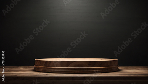 wooden podium for presentation product black background