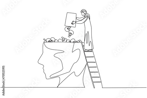 Single one line drawing Arab businessman climb to the large, open head with stairs. Throw away lightbulb. Putting down ideas and innovation. For profits. Continuous line design graphic illustration
