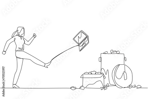 Single one line drawing businesswoman kicked laptop into the trash. Very angry. Operational costs increase when profits are small. Unprofitable. Emotional. Continuous line design graphic illustration photo