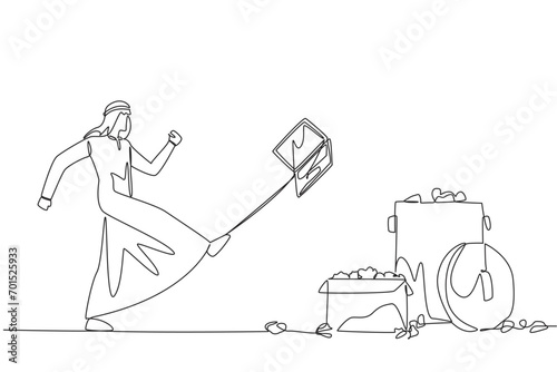 Single one line drawing emotional Arabian businessman kicked the laptop into the trash. Angry at the unprofitable stock value. Haven't made a profit yet. Continuous line design graphic illustration