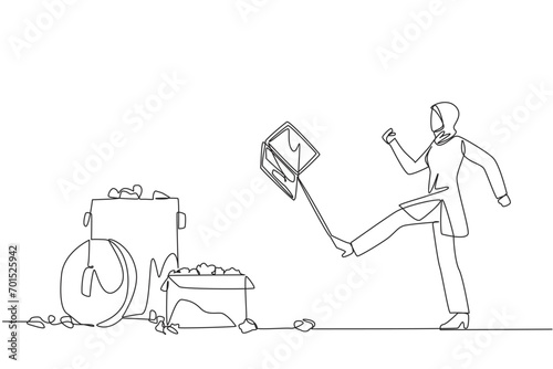 Single continuous line drawing angry Arab businesswoman kicked the laptop into the trash. Venting emotions fails to achieve profit targets. Temperamental. Broken. One line design vector illustration