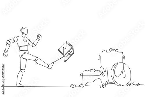 Continuous one line drawing emotional robot kicked laptop into the trash. Many bugs go wrong when programming artificial intelligence. Future technology. Single line draw design vector illustration