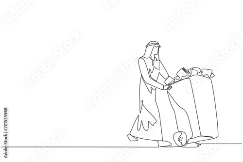 Continuous one line drawing Arabian businessman pushing a trash can filled with wads of paper. Nonworking document. Useless file at office. Deleting data. Single line draw design vector illustration