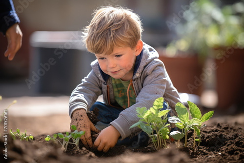 A boy engaged in a community gardening project, promoting sustainability and green living. Generative Ai.