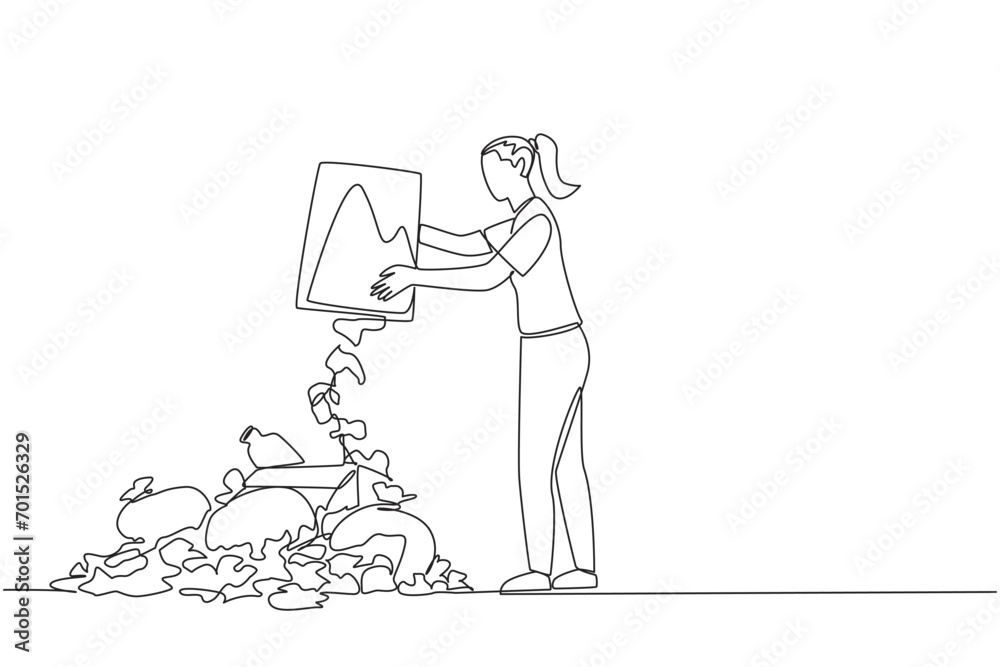 Continuous one line drawing woman throws rubbish into rubbish pile. Environmental care. Piling up trash is like inviting disease. Makes the air polluted. Single line draw design vector illustration