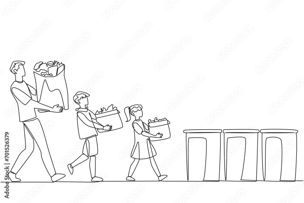 Single continuous line drawing man and his son and daughter brought rubbish bags and threw them in the rubbish bin. Teach from early age to keep environment clean. One line design vector illustration Single continuous line drawing man and his son and daughter brought rubbish bags and threw them in the rubbish bin. Teach from early age to keep environment clean. One line design vector illustration