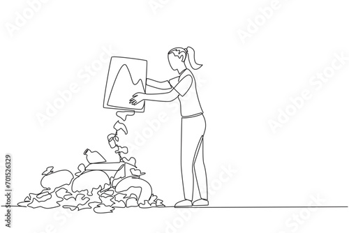 Continuous one line drawing woman throws rubbish into rubbish pile. Environmental care. Piling up trash is like inviting disease. Makes the air polluted. Single line draw design vector illustration