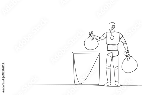Single continuous line drawing robot puts the trash bag into the trash can. Environmental care. Household assistant robot. Future artificial intelligence concept. One line design vector illustration