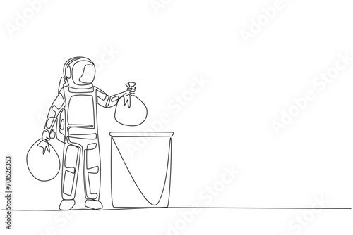 Continuous one line drawing astronaut puts trash bag in trash can. Environmental care. Throw garbage in its place. Cosmonaut. Cosmic galaxy deep space. Single line draw design vector illustration