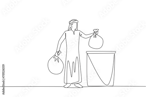 Continuous one line drawing Arab man puts rubbish bag into the trash can. Environmental care. Join the cleanliness campaign. For a healthy body and soul. Single line draw design vector illustration