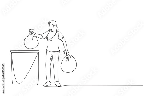 Single continuous line drawing woman puts trash bag into trash can. Environmental care. A clean environment keeps the mind fresh and clear. The air becomes clean. One line design vector illustration