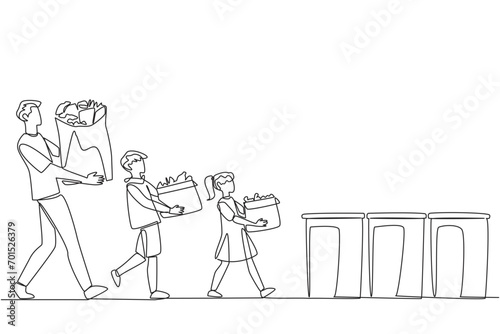 Single continuous line drawing man and his son and daughter brought rubbish bags and threw them in the rubbish bin. Teach from early age to keep environment clean. One line design vector illustration