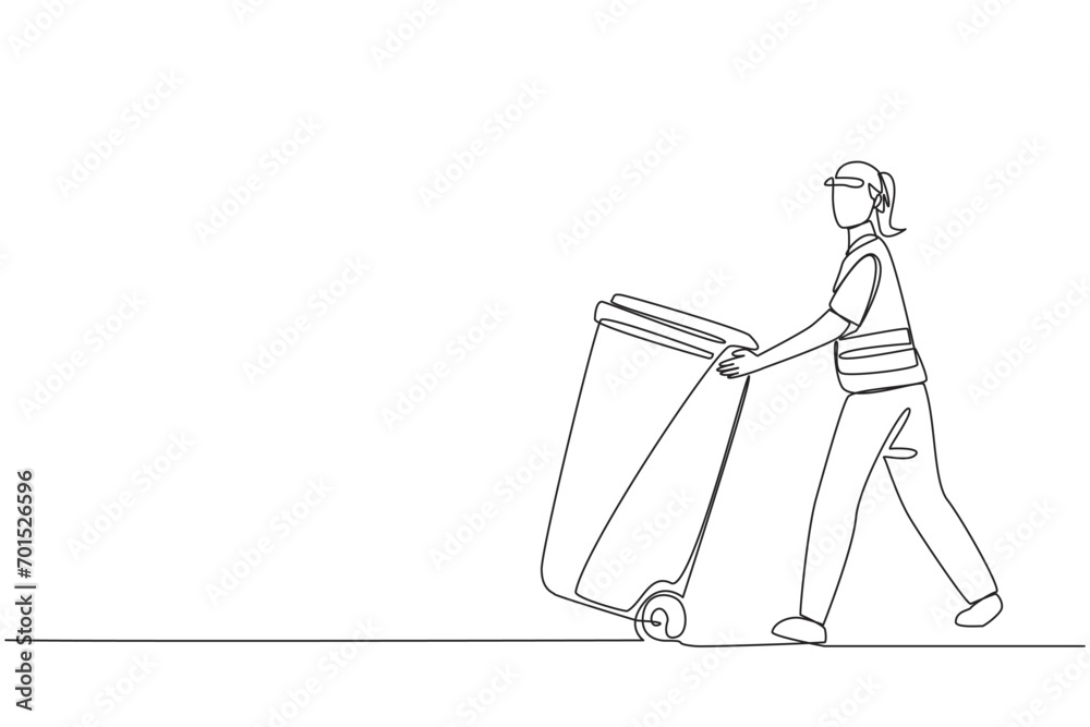 Trash Rake Drawing Continuous one line drawing trash woman pushing a wheeled trash can ...
