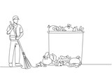 Continuous one line drawing trash man cleans rubbish by sweeping it into a pile of rubbish. With large trash can, it can accommodate all rubbish. Good job. Single line draw design vector illustration