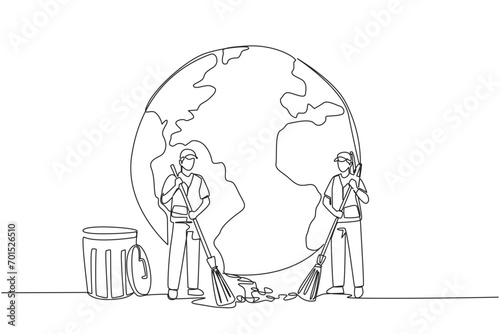 Continuous one line drawing trash man and trash woman sweep up the trash scattered in front of globe. Have high dedication to work. Save earth by cleaning. Single line draw design vector illustration