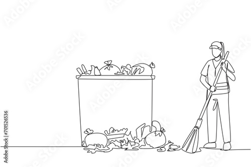 Continuous one line drawing trash woman cleans rubbish by sweeping it into a pile of rubbish. Cleaners who are passionate about keeping environment clean. Single line draw design vector illustration