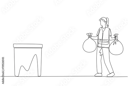 Single continuous line drawing trash woman carrying two plastic trash bags. Bring household rubbish to throw in the rubbish bin. Consciously maintain cleanliness. One line design vector illustration