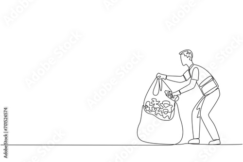 Single continuous line drawing trash man puts some rubbish into plastic trash. Picking up while sorting rubbish. Only organic waste will be put into plastic. Reuse. One line design vector illustration