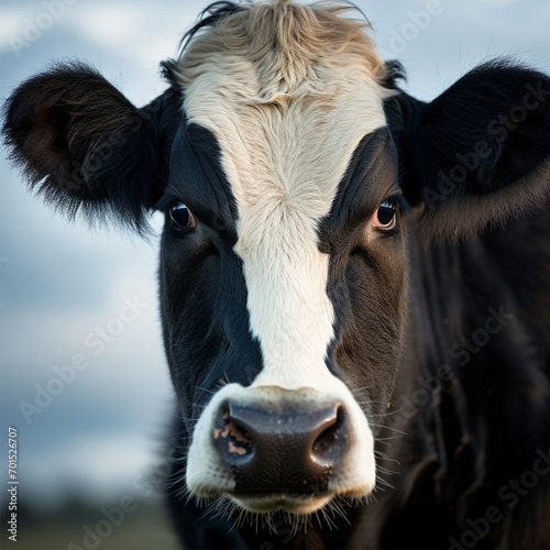 black and white cow head against a blue sky background.farm meat dairy