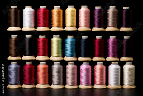 Background from bobbins with multi-colored sewing threads. Handicraft and sewing concept. 