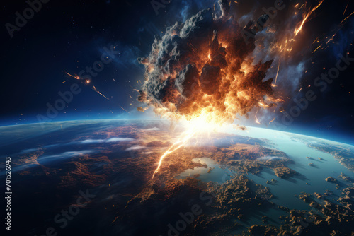 A meteor striking the Earth, depicting the transformative power of celestial events as catalysts for geological and environmental changes. Generative Ai.