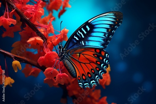 A high-definition image portraying the complex 3D design and vivid colors on a butterfly wing, against a deep cobalt background with a brilliant coral tree.