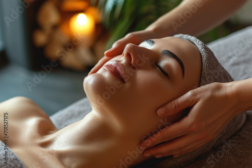 young beautiful woman enjoying a massage from a cosmetologist. hands of a cosmetologist doing a facial massage 