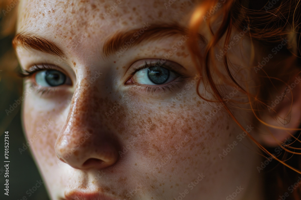 Extreme close up modeling shot of a beautiful red haired woman with freckles made with Generative AI Technology Extreme close up modeling shot of a beautiful red haired woman with freckles made with Generative AI Technology