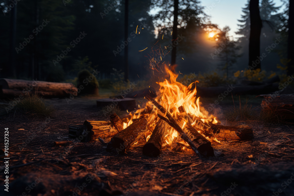 The soft glow of a campfire lighting up a forest clearing, fostering a cozy and intimate atmosphere in the wilderness. Generative Ai. The soft glow of a campfire lighting up a forest clearing, fostering a cozy and intimate atmosphere in the wilderness. Generative Ai.