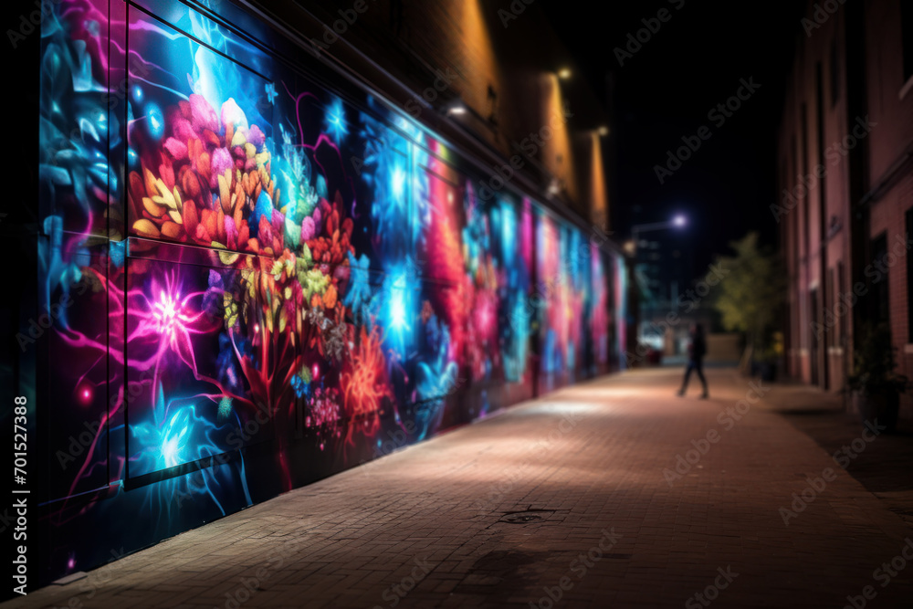 Luminescent street art transforming a mundane alley into a captivating and vibrant outdoor gallery, inspiring creativity in urban spaces. Generative Ai.